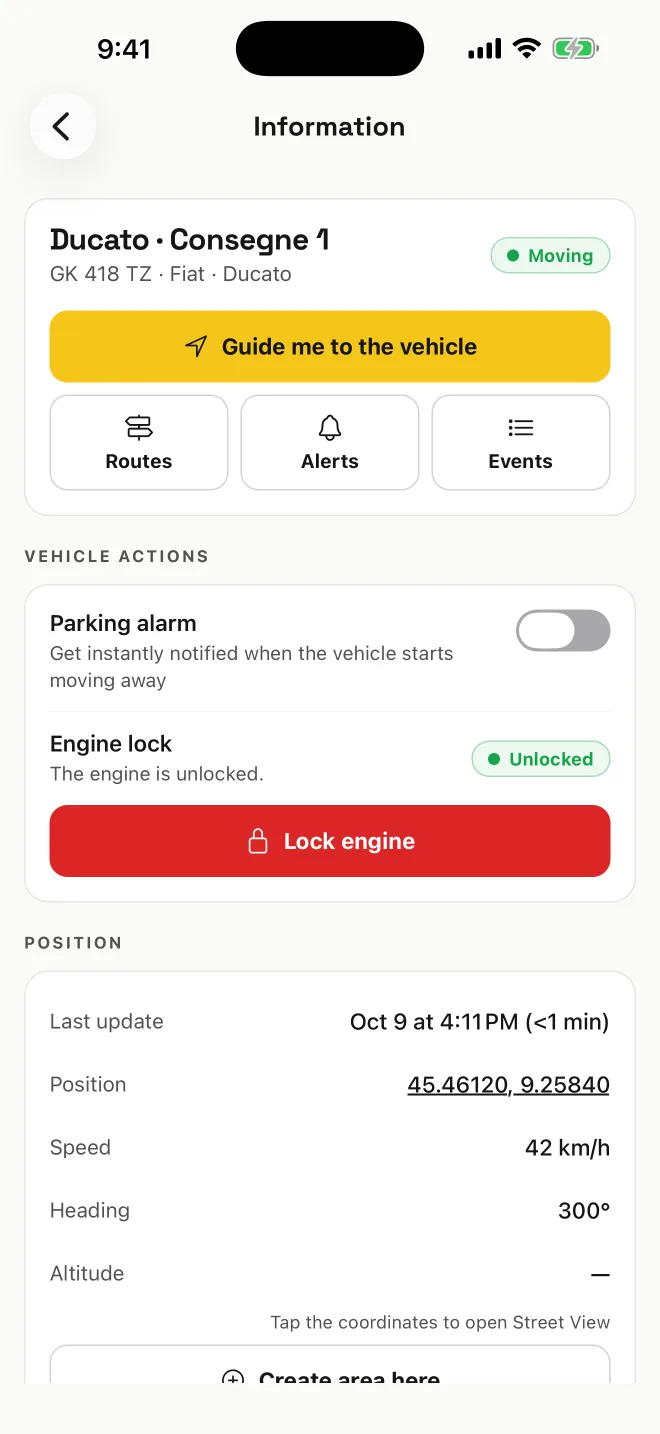 Parking alarm and engine lock: An alert as soon as a parked vehicle moves, and remote ignition cut-off on hardwired trackers.
