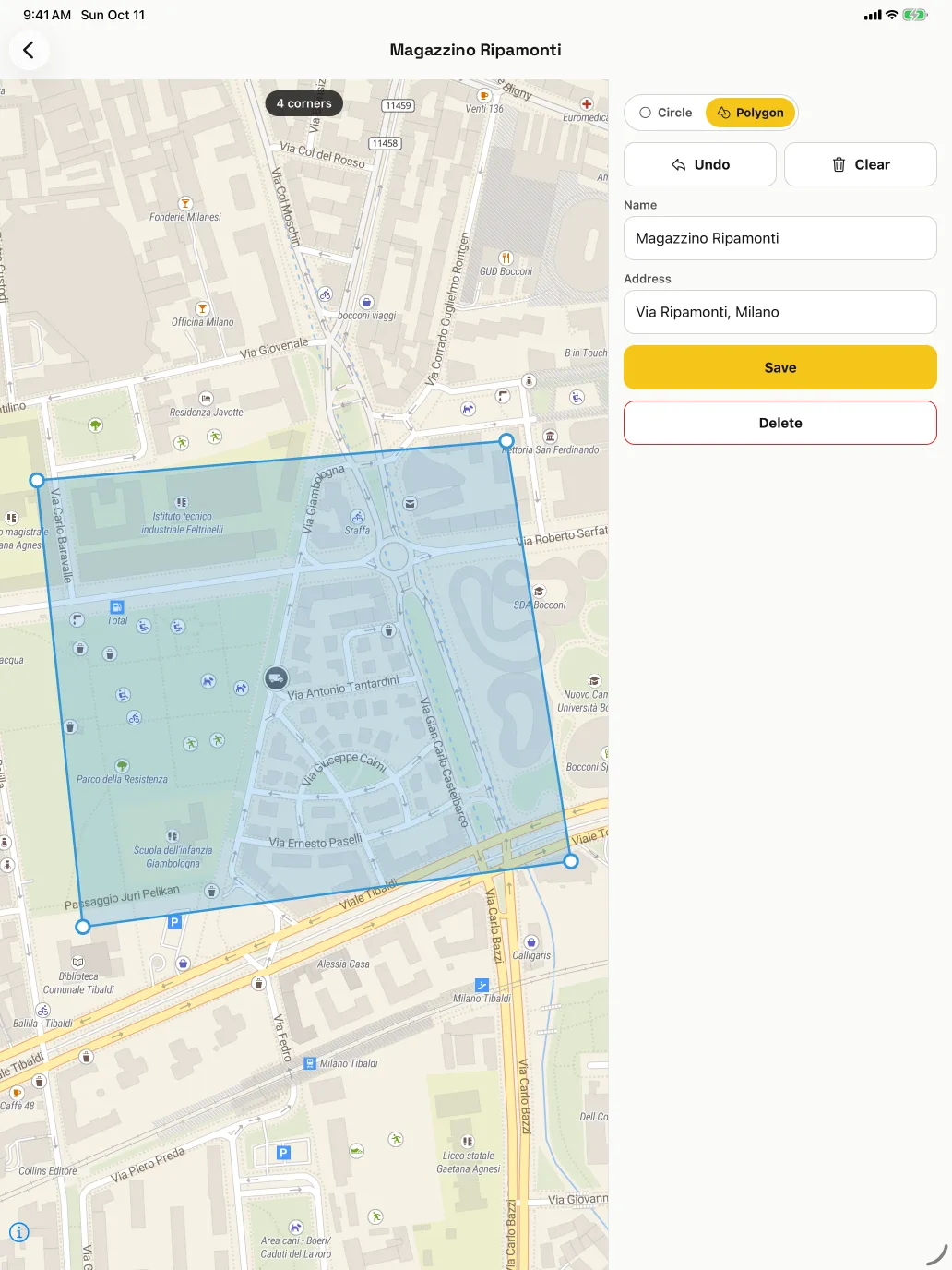 Areas: Geofences drawn as a circle or polygon around a depot, site or customer.